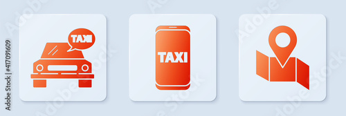 Set Taxi call telephone service, Taxi car and Folded map with location marker. White square button. Vector.