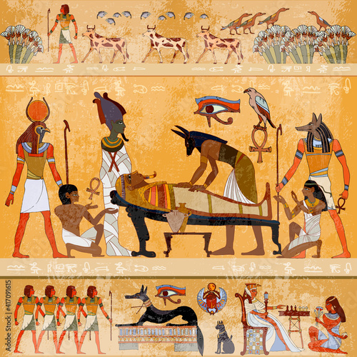 Ancient Egypt. Mummification process. Hieroglyphic carvings. History wall painting, tomb King Tutankhamun. Concept of a next world. Anubis and pharaoh sarcophagus. Egyptian gods, mythology