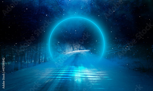 Night cold forest landscape, road in the night forest. Futuristic neon ring, portal. Reflection of light on ice. Fantasy landscape. 3D illustration. 