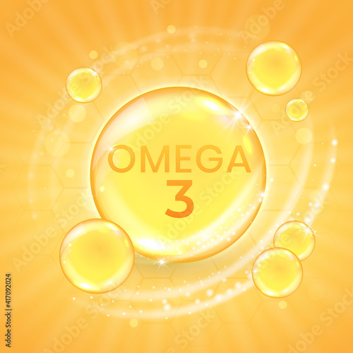 Omega-3 fatty acid supplement, shiny oil vitamin capsule. Fish oil droplet design template for advertisement or branding. Realistic vector illustration of golden essence bubble of dietary nutrition