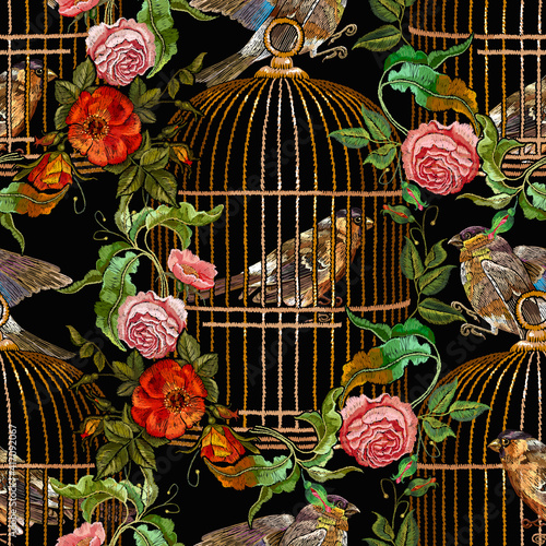 Embroidery birds and golden birds cage and roses flowers seamless pattern. Fashion spring template for design of clothes, textile, t-shirt