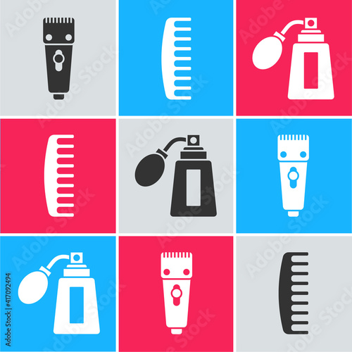 Set Electrical hair clipper or shaver, Hairbrush and Aftershave bottle with atomizer icon. Vector.