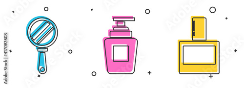 Set Hand mirror, Bottle of shampoo and Aftershave icon. Vector.