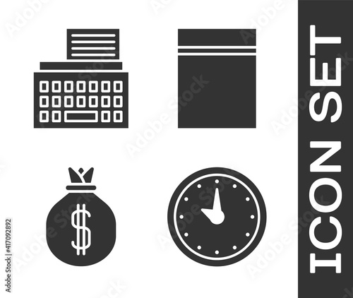 Set Clock, Retro typewriter, Money bag and Plastic bag with ziplock icon. Vector.