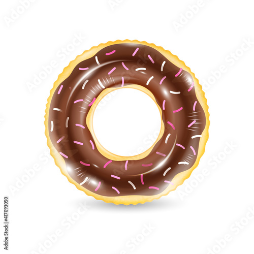 Inflatable ring looking like donut isolated on white background. Realistic colorful rubber swimming buoy. Vector illustration of top view at pool floater in glazed doughnut shape, beach toy