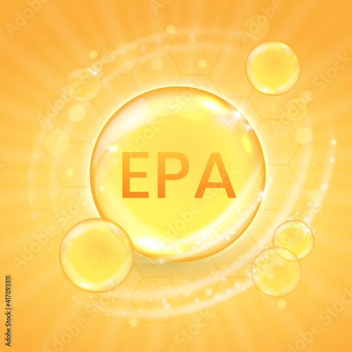 EPA from omega-3 fatty acid supplement, shiny oil vitamin capsule. Fish oil droplet design template for advertisement or branding. Realistic vector illustration of golden essence bubble