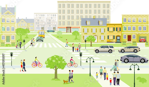 Straßenverkehr mit Familien und Menschen auf dem Bürgersteig Illustration