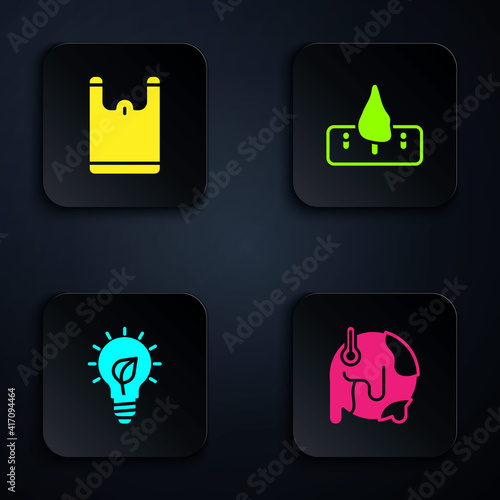 Set Global warming, Plastic bag, Light bulb with leaf and Deforestation. Black square button. Vector.