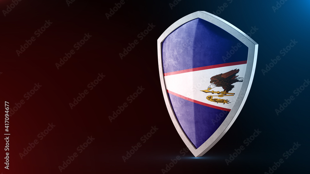 Steel armor painted as American Samoa flag. Protection shield and safeguard concept. Safety badge. Security label and Defense sign. Force and strong symbol. Steel armor painted as American Samoa flag. Protection shield and safeguard concept. Safety badge. Security label and Defense sign. Force and strong symbol.