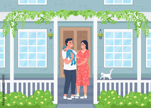 Young happy family outside new home flat color vector illustration. Man and woman with child stand on patio. Smiling couple with baby 2D cartoon characters with house outdoors on background