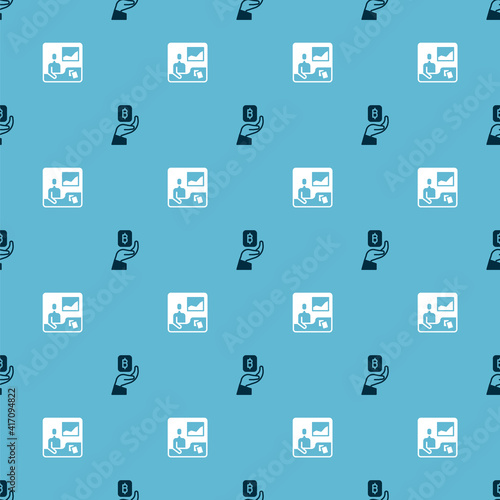 Set Hand holding Bitcoin and Trading courses on seamless pattern. Vector.