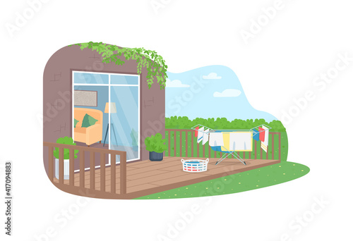 Drying laundry in back yard 2D vector web banner, poster. Washed clothes hang outside. Outdoor spring flat scenery on cartoon background. Seasonal cleaning printable patch, colorful web element photo