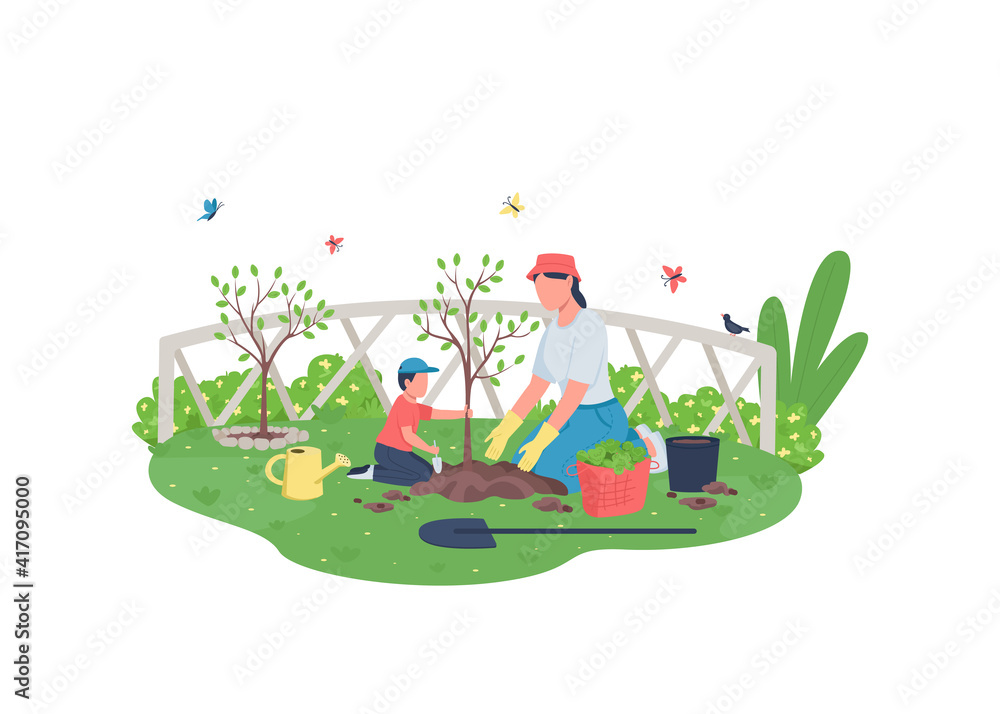 Spring Planting Animation Mother with child planting tree flat color vector faceless characters ...