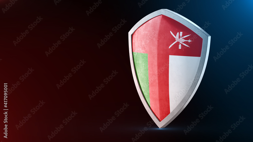 Steel armor painted as Oman flag. Protection shield and safeguard concept. Safety badge. Security label and Defense sign. Force and strong symbol. Steel armor painted as Oman flag. Protection shield and safeguard concept. Safety badge. Security label and Defense sign. Force and strong symbol.
