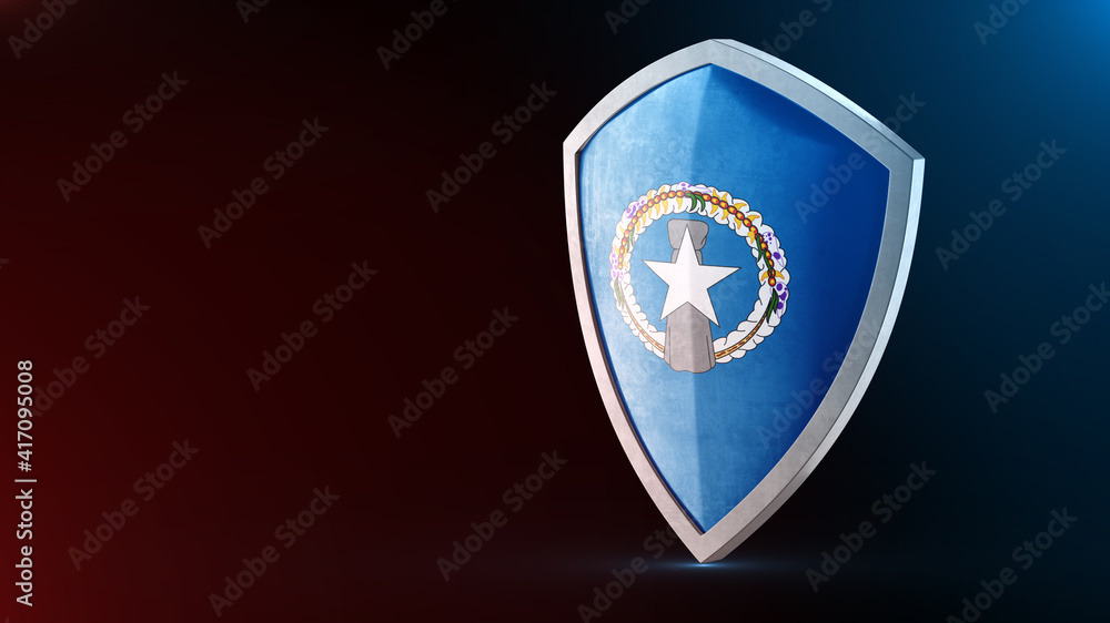 Steel armor painted as Northern Mariana Islands flag. Protection shield and safeguard concept. Safety badge. Security label and Defense sign. Force and strong symbol. Steel armor painted as Northern Mariana Islands flag. Protection shield and safeguard concept. Safety badge. Security label and Defense sign. Force and strong symbol.