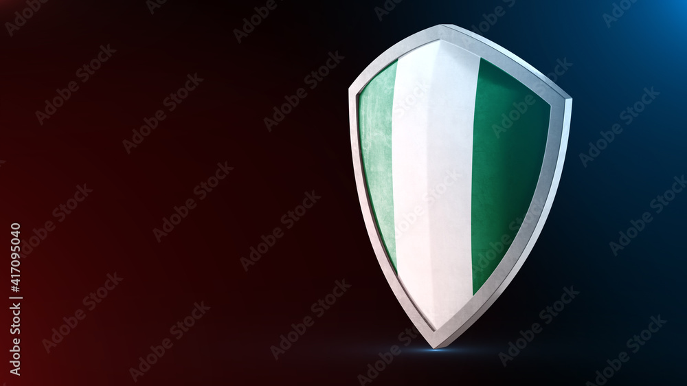Steel armor painted as Nigeria flag. Protection shield and safeguard concept. Safety badge. Security label and Defense sign. Force and strong symbol. Steel armor painted as Nigeria flag. Protection shield and safeguard concept. Safety badge. Security label and Defense sign. Force and strong symbol.