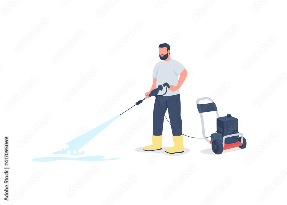 Man with power wash gun flat color vector faceless character. Washing sidewalk. Professional cleaner. Outdoor spring cleaning isolated cartoon illustration for web graphic design and animation