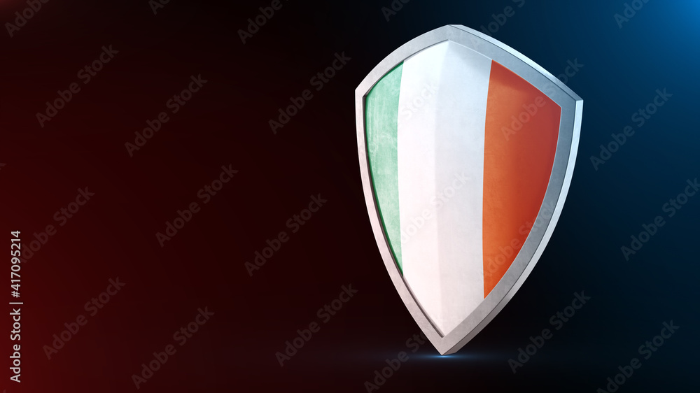Steel armor painted as Ireland flag. Protection shield and safeguard concept. Safety badge. Security label and Defense sign. Force and strong symbol. Steel armor painted as Ireland flag. Protection shield and safeguard concept. Safety badge. Security label and Defense sign. Force and strong symbol.