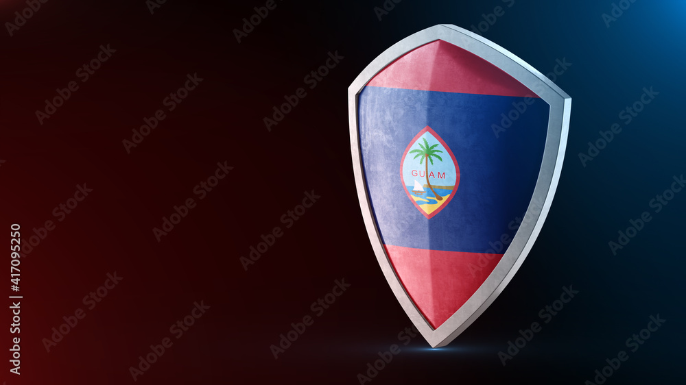 Steel armor painted as Guam flag. Protection shield and safeguard concept. Safety badge. Security label and Defense sign. Force and strong symbol. Steel armor painted as Guam flag. Protection shield and safeguard concept. Safety badge. Security label and Defense sign. Force and strong symbol.