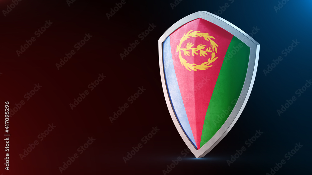 Steel armor painted as Eritrea flag. Protection shield and safeguard concept. Safety badge. Security label and Defense sign. Force and strong symbol. Steel armor painted as Eritrea flag. Protection shield and safeguard concept. Safety badge. Security label and Defense sign. Force and strong symbol.