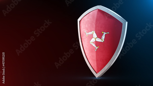 Steel armor painted as Isle of Man flag. Protection shield and safeguard concept. Safety badge. Security label and Defense sign. Force and strong symbol.