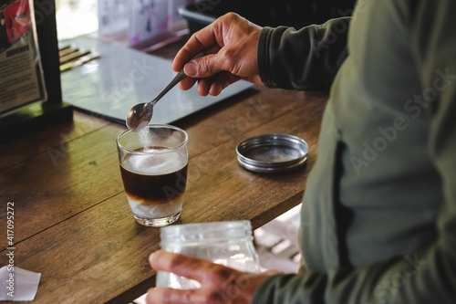 Coffee is mixed with coconut water as a summer drink and hemp plant.