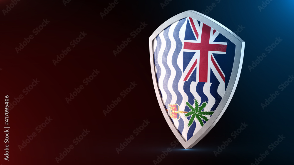 Steel armor painted as British Indian Ocean Territory flag. Protection shield and safeguard concept. Safety badge. Security label and Defense sign. Force and strong symbol. Steel armor painted as British Indian Ocean Territory flag. Protection shield and safeguard concept. Safety badge. Security label and Defense sign. Force and strong symbol.