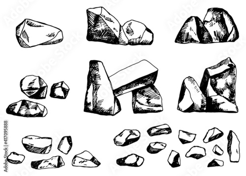 stones large set of cobblestones vector sketches. black isolated silhouettes for surroundings. elements of entourage