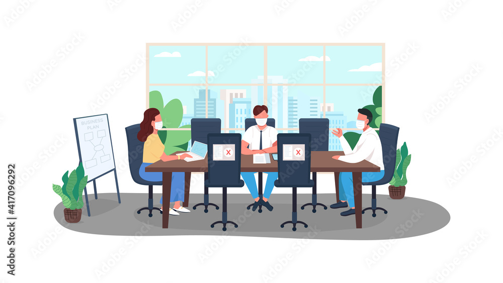 Covid business plan flat color vector illustration. Lockdown corona virus reality. Quarantine rules for businesses. Managers 2D cartoon characters with big megapolis buildings on background