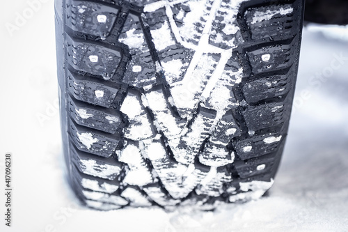 Winter studded tires on snow