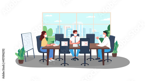 Covid business plan flat color vector illustration. Lockdown corona virus reality. Quarantine rules for businesses. Managers 2D cartoon characters with big megapolis buildings on background