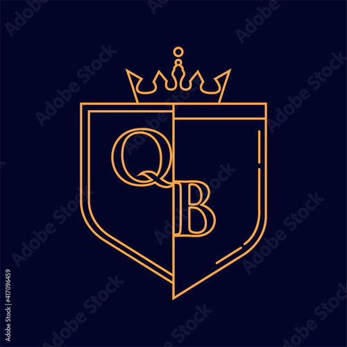 QB initial logotype, colored orange with emblem and crown, line art and classic design, isolated on dark background.