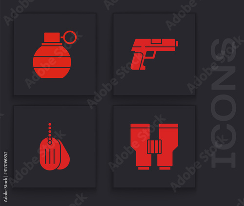 Set Binoculars, Hand grenade, Pistol or gun and Military dog tag icon. Vector.