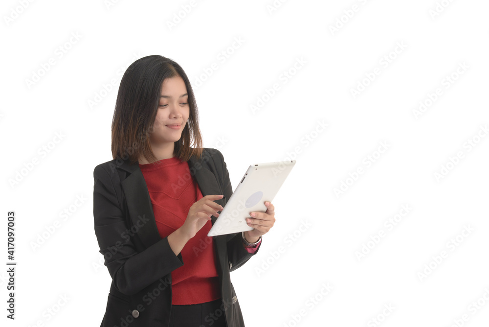 Asian business woman is holding a tablet and expressing joy. On white Background. Asian business woman is holding a tablet and expressing joy. On white Background.