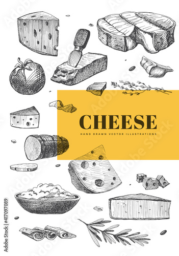 Hand-drawn hard and soft cheeses on a light background. Camembert, Parmesan, Ricotta, Gouda, cheese knife. Retro picture for menu of restaurants, markets, shops. Illustration in style of engraving.