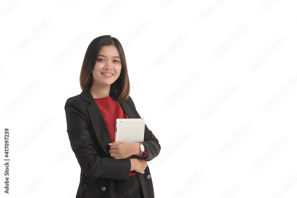 Asian business woman is holding a tablet and expressing joy. On white Background. Asian business woman is holding a tablet and expressing joy. On white Background.