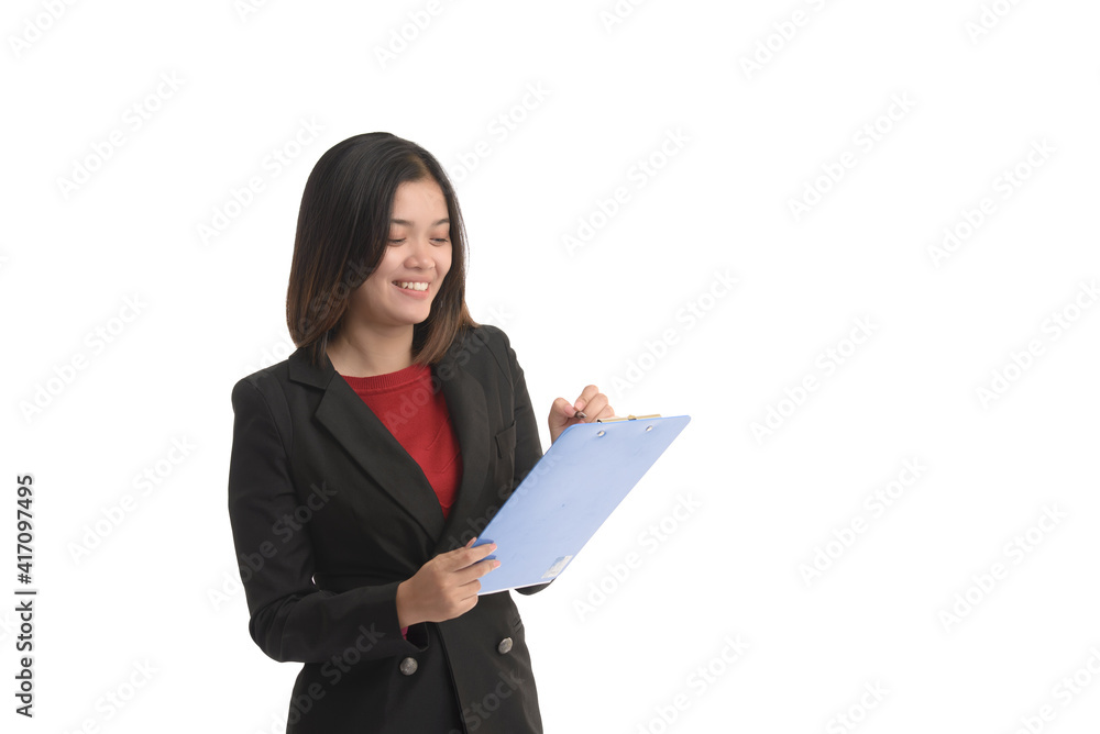 Asian business woman is holding a tablet and the other hand holding a pen and expressing joy. On white Background. Asian business woman is holding a tablet and the other hand holding a pen and expressing joy. On white Background.