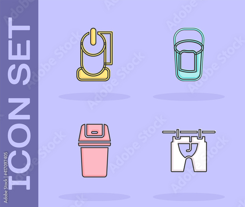 Set Drying clothes, Toilet paper roll, Trash can and Bucket with rag icon. Vector.
