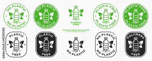 Сonceptual stamps for packaging products. Marking - no plastic. Stamp with a flat icon of a plastic bottle with wings-leaves - a symbol of liberated, free. Absorbable, degradable products. Vector