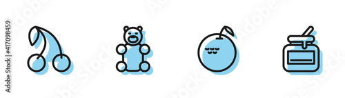 Set line Apple, Cherry, Jelly bear candy and Jar of honey icon. Vector.