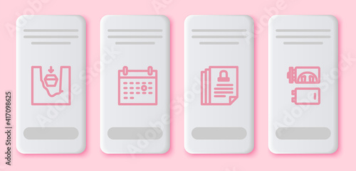 Set line Coffin in grave, Calendar death, Death certificate and Crematorium. White rectangle button. Vector.