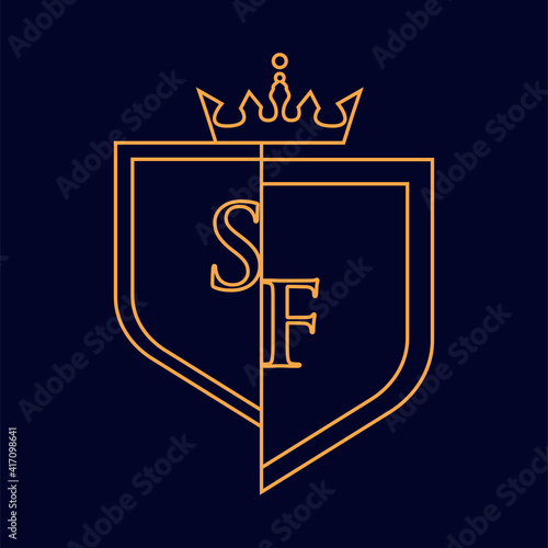 SF initial logotype, colored orange with emblem and crown, line art and classic design, isolated on dark background.