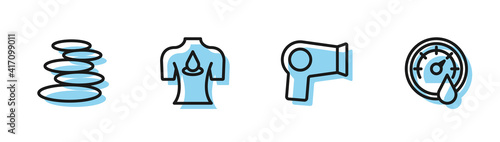 Set line Hair dryer, Stack hot stones, Massage with aroma oils and Sauna thermometer icon. Vector.