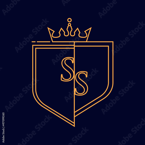 SS initial logotype, colored orange with emblem and crown, line art and classic design, isolated on dark background. photo