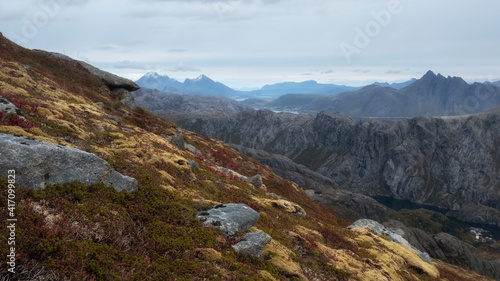 Mountain .ridge above the town of Nusfjord in the Lofoten Islands, during a golden autumn