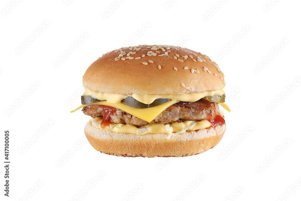Burger with cheese isolated on white background. Cheeseburger fast food meal. Burger with cheese isolated on white background. Cheeseburger fast food meal.