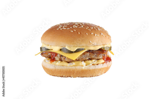 Burger with cheese isolated on white background. Cheeseburger fast food meal.