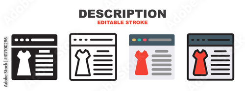 Description product marketplace icon set with different styles. Colored vector icons designed in filled, outline, flat, glyph and line colored. Editable stroke style can be used for web, mobile and ui