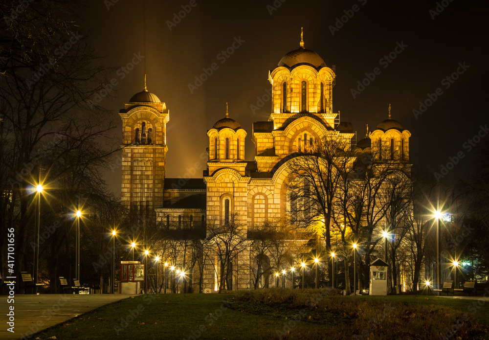 Night photos of the Orthodox Church of St. Mark, which is located in the Tasmajdan Park in Belgrade.