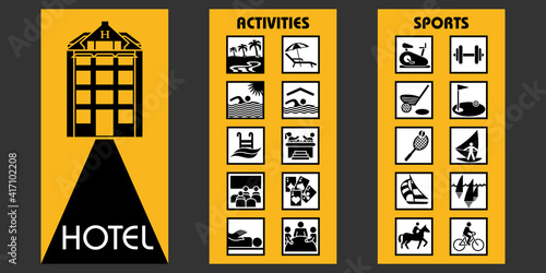 Dépliant en 3 parties avec un ensemble de pictogrammes afin d’expliquer les activités et les sports proposés par un hôtel.